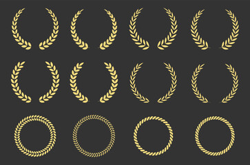gold laurel wreath, winner award set vector illustration. golden branch of olive leaves or stars of 