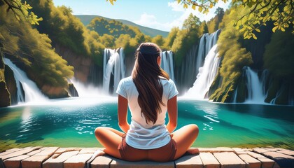 A young woman with long brown hair and a nice body is sitting cross-legged in front of a waterfall in Croatia. She's wearing a T-shirt, shorts, and sneakers.