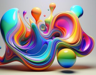 Abstract 3D shapes in bright colors with liquid-like gradients floating on a light background.