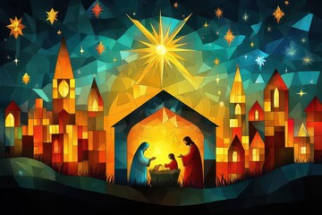 stylized nativity scene holy family in vibrant stained glass style star of bethlehem shining brightl
