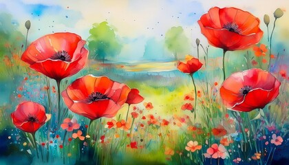 Abstract summer garden illustration watercolor art nature background red poppy blooming floral flowers flora