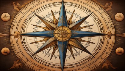 an ancient compass rose is a circular drawing on a map that shows the directions (north, south, east