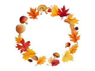 Wall Mural - autumn wreath: circle of fall leaves and mushrooms isolated on transparent or white background