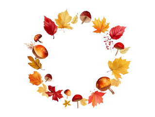 Poster - Autumn wreath: circle of fall leaves and mushrooms isolated on transparent or white background