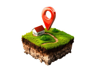 real estate location, house with a map pin on a floating plot of land isolated on transparent or whi