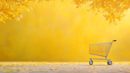 Wall Mural - shopping cart on a path covered with yellow autumn leaves, against a bright yellow backdrop with cop