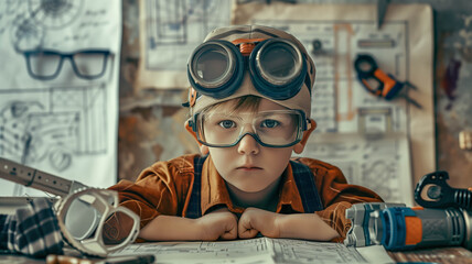 young boy wearing an engineer's costume, surrounded by DIY tools and sketches