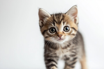 Wall Mural - Tabby kitten curiously looking ahead with wide eyes, set against a plain white background, capturing its innocent and playful nature.