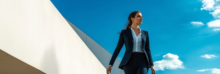 Wall Mural - A woman in a business suit walks on a sidewalk. The sky is blue and clear, and the woman is looking ahead