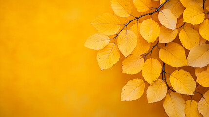 Wall Mural - Close-up of yellow autumn leaves against a bright yellow background with copy space