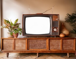 Classic TV from the 70s or 80s decorates a retro style room with African-style furniture. It has a blank screen for designers to add text or images, evoking the idea of modernization and technology.