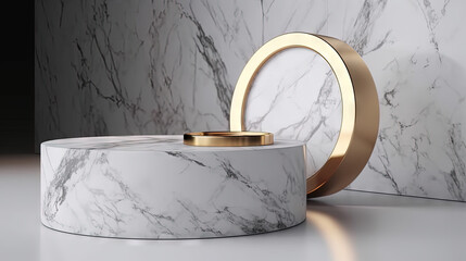 Poster - White marble pedestal with gold in the studio room, mockup stand for presentation.
