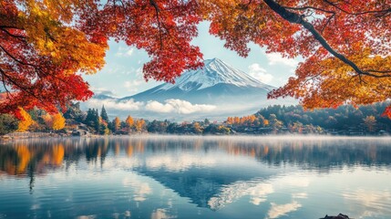 Wall Mural - Lake Kawaguchiko with vivid autumn leaves, a mist-covered Mount Fuji in the background, and reflections of the mountain in the still waters. An idyllic scene capturing Japan's natural beauty.