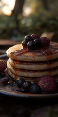 Wall Mural - Fluffy pancakes topped with maple syrup and mixed berries in sunlight