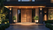 © SunPunjiStudio - Modern House Entrance with Wooden Door at Night.