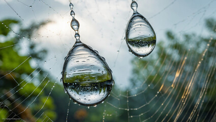 Wall Mural - Rain drops on spider web.