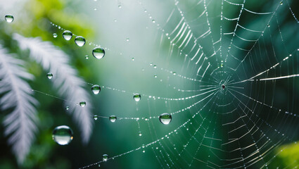 Wall Mural - Rain drops on spider web.