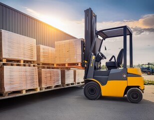 Forklift loads a pallet into a truck for road transport.