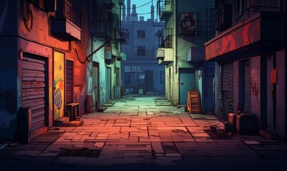 Dim alleyway flat design top view shadowy street corner cartoon drawing Splitcomplementary color scheme