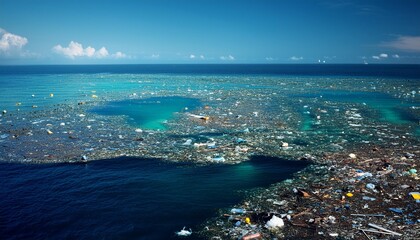 Wall Mural - Giant patch of plastic trash floating in the Pacific Ocean, mostly made of plastic, metals, and garbage remains. It's a serious environmental problem.