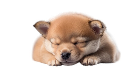 One newborn puppy on a white background. Telephoto lens photography Realistic daylight