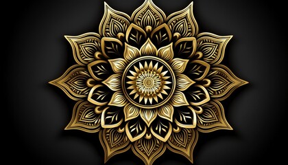 Golden mandala art design on a black background, perfect for wallpaper or illustration.