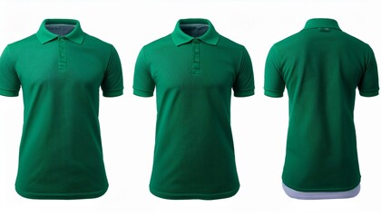 Green polo t-shirt front view shown in three different positions on a white background.