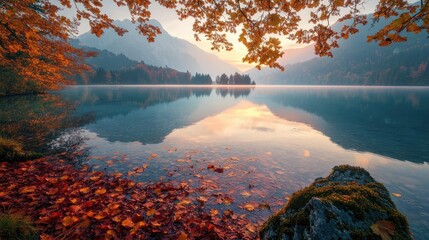 Poster - The breathtaking beauty of Hintersee Lake at sunset, with autumn leaves and soft light creating a tranquil and enchanting atmosphere