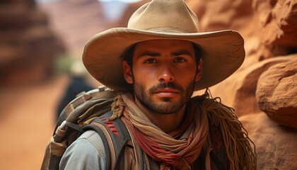 Wall Mural - A close up of a man wearing cowboy hat 