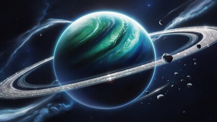 Wall Mural - A Deep Space Exploration with a Glowing Blue and Green Planet With Rings and Asteroids