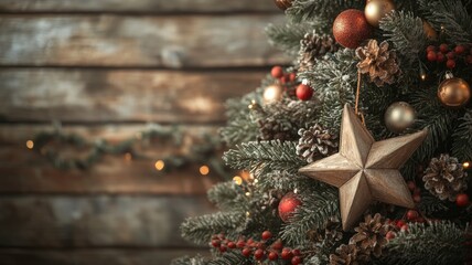 Wall Mural - Christmas tree with rustic decorations including wooden star, pinecones, red berries, and gold ornaments against a wooden background.