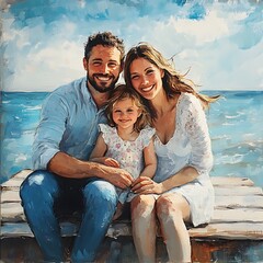 Wall Mural - A painting of a family of three, a man, a woman and their young daughter, sitting on a wooden pier by the ocean. The man and woman are smiling and the little girl is looking at the camera