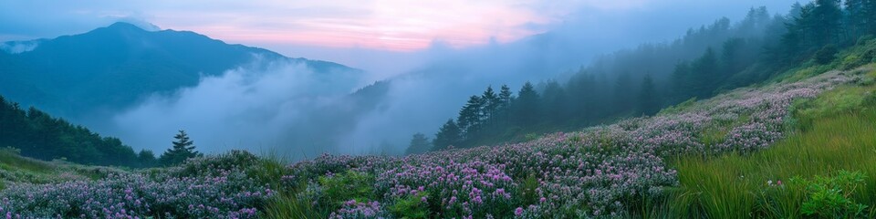 Wall Mural - A beautiful mountain landscape with a foggy sky and a field of purple flowers. The flowers are scattered throughout the field, creating a serene and peaceful atmosphere