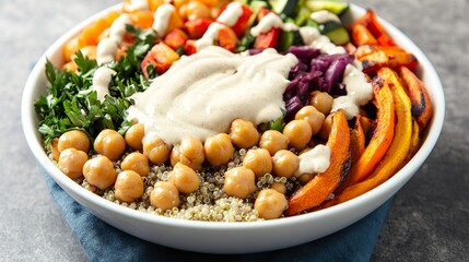 Canvas Print - A colorful vegan Buddha bowl with quinoa, chickpeas, roasted vegetables, and tahini dressing, beautifully arranged in a white bowl, more clarity with clear light and sharp focus, high detailed