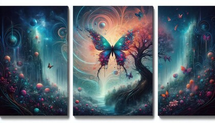 Wall Mural - Modern Triptych Art. Butterfly in a magical forest, each panel showcasing different mystical elements. Fantasy Art, Digital painting, Ultra HD