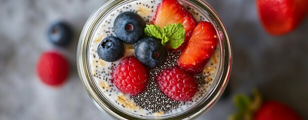 A top view of a clean eating breakfast with overnight oats, chia seeds, and fresh fruit, served in a glass jar, more clarity with clear light and sharp focus, high detailed