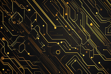 A modern abstract design featuring gold lines and dots representing network science and technology on a high-tech dark background. Ideal for templates, web design, and presentations