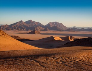 Wall Mural - Mountains tower in the distance, casting long shadows across a vast, barren desert landscape.