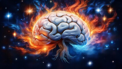 Wall Mural - Mystical Brain engulfed in Orange and Blue Flames with Stars in the Background