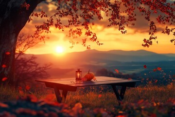 Poster - A table with a lantern and a pumpkin on it in front of a tree. The sun is setting in the background