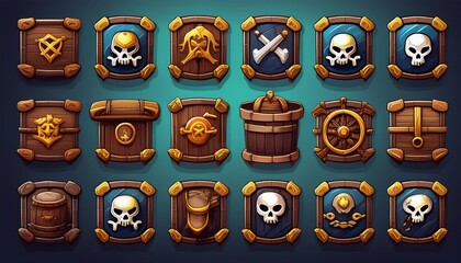 Wall Mural - Pirate-themed game interface icons, like a wooden menu panel, victory and defeat badges, and buttons for mobile apps. Other icons include a gold chest, store frame, and pirate flag with a skull.