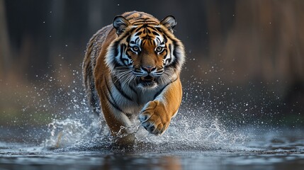 graceful amur tiger crossing a stream. majestic wildlife concept