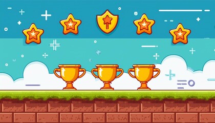 Wall Mural - Retro game screen with cups and stars. Interface for a platformer game. Level up window. Cartoon  illustration.