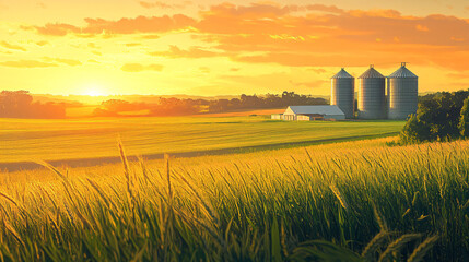 Canvas Print - Golden Sunset Over Farm Fields.