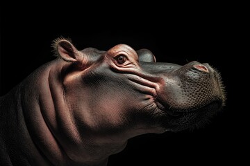 Photo of a hippo isolated against a black background, emphasising the hippo's majestic features. Wildlife and conservation concept, space for copy.