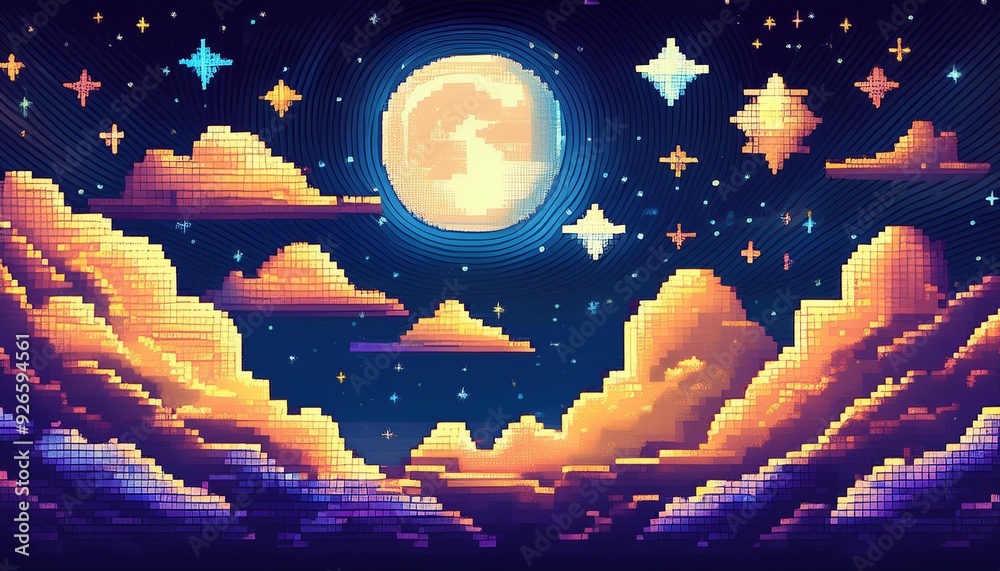 Starry night sky in pixel art style. Features moon, clouds, and bright ...