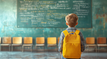 Canvas Print - Young boy with a yellow backpack facing a classroom blackboard