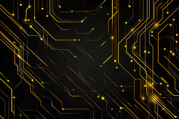 A modern abstract design featuring gold lines and dots representing network science and technology on a high-tech dark background. Ideal for templates, web design, and presentations