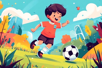 A cheerful cartoon boy in a red jersey is running with a soccer ball in a park, symbolizing childhood joy, outdoor activities, sports, fitness, and healthy living.