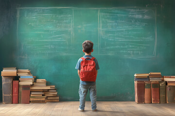 Canvas Print - Young boy with a red backpack standing in front of a green chalkboard, surrounded by stacks of books